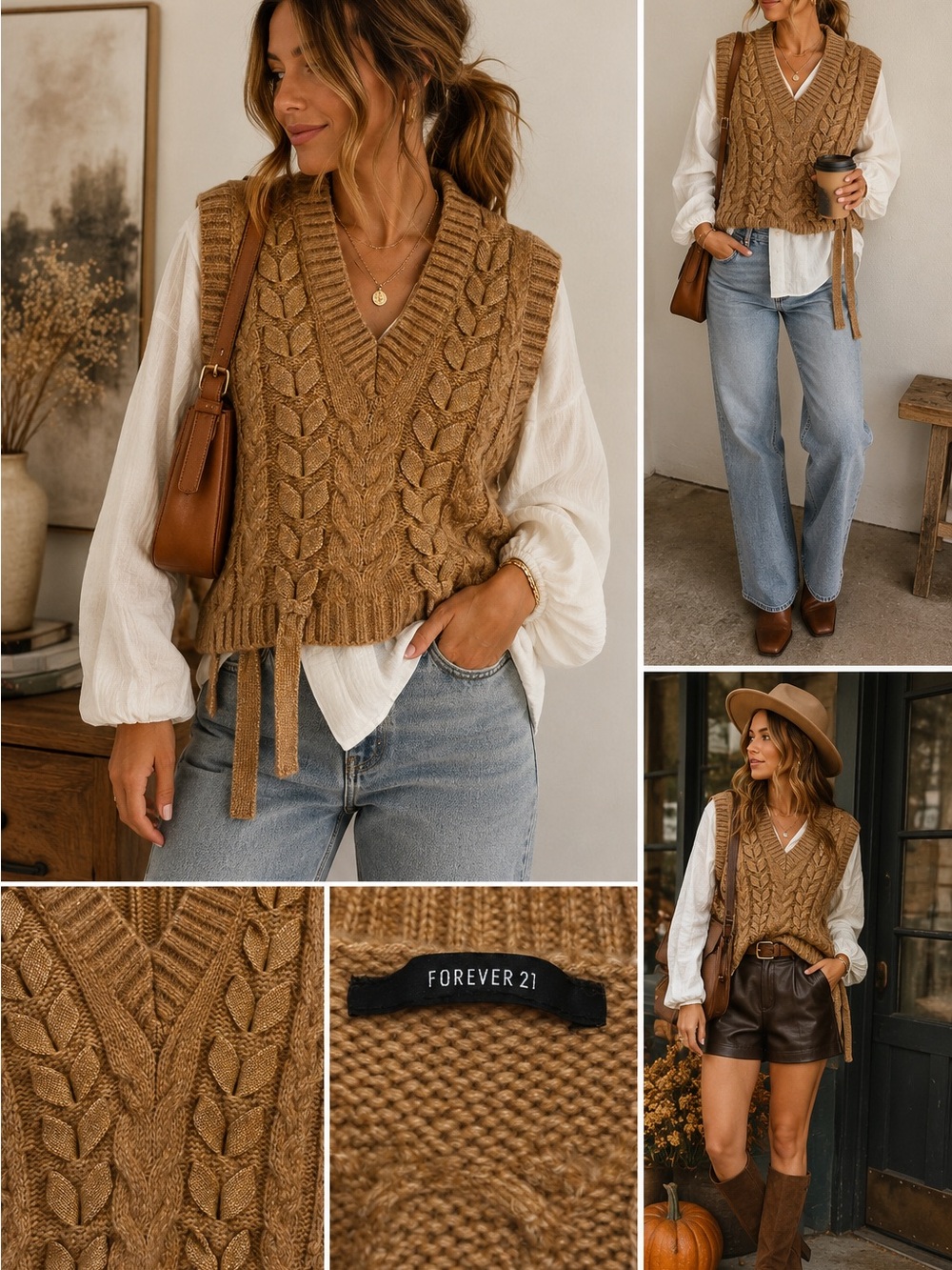 Forever 21 oversized Camel Cable Knit V-Neck Sweater Vest